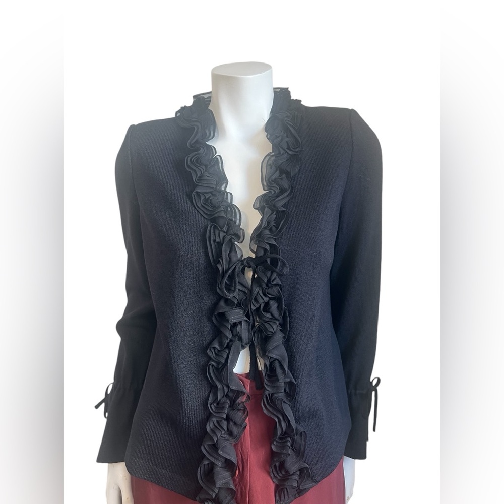 St. John Evening by Marie Gray  Black Ruffle Cardigan, Black, Size 4